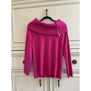 Dana Buchman Wool Hot Pink Barbie Core Cowl Neck Knit Sweater Small Zip Accent‎